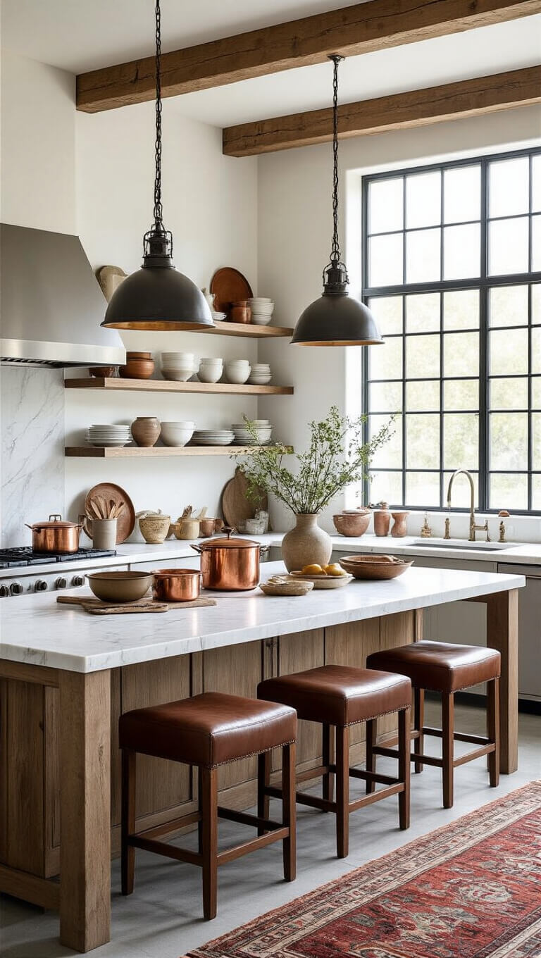 Industrial-style chef's kitchen with marble island, vintage copper cookware, open shelves of neutral ceramics, leather barstools, and kilim runner in morning light.