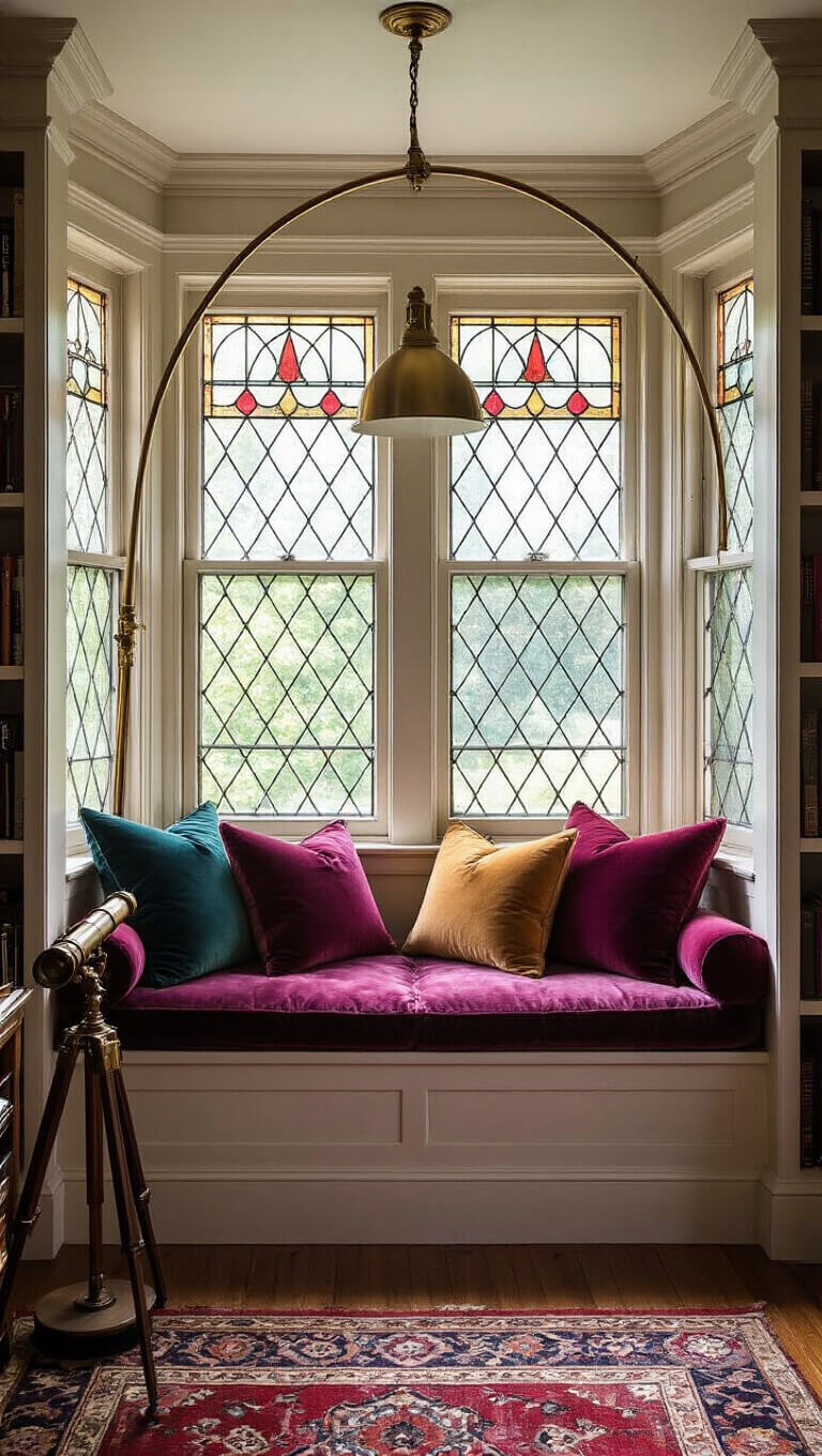 Victorian bay window reading nook with stained glass, velvet cushions, brass lamp, built-in bookshelves, and antique telescope in warm afternoon light.