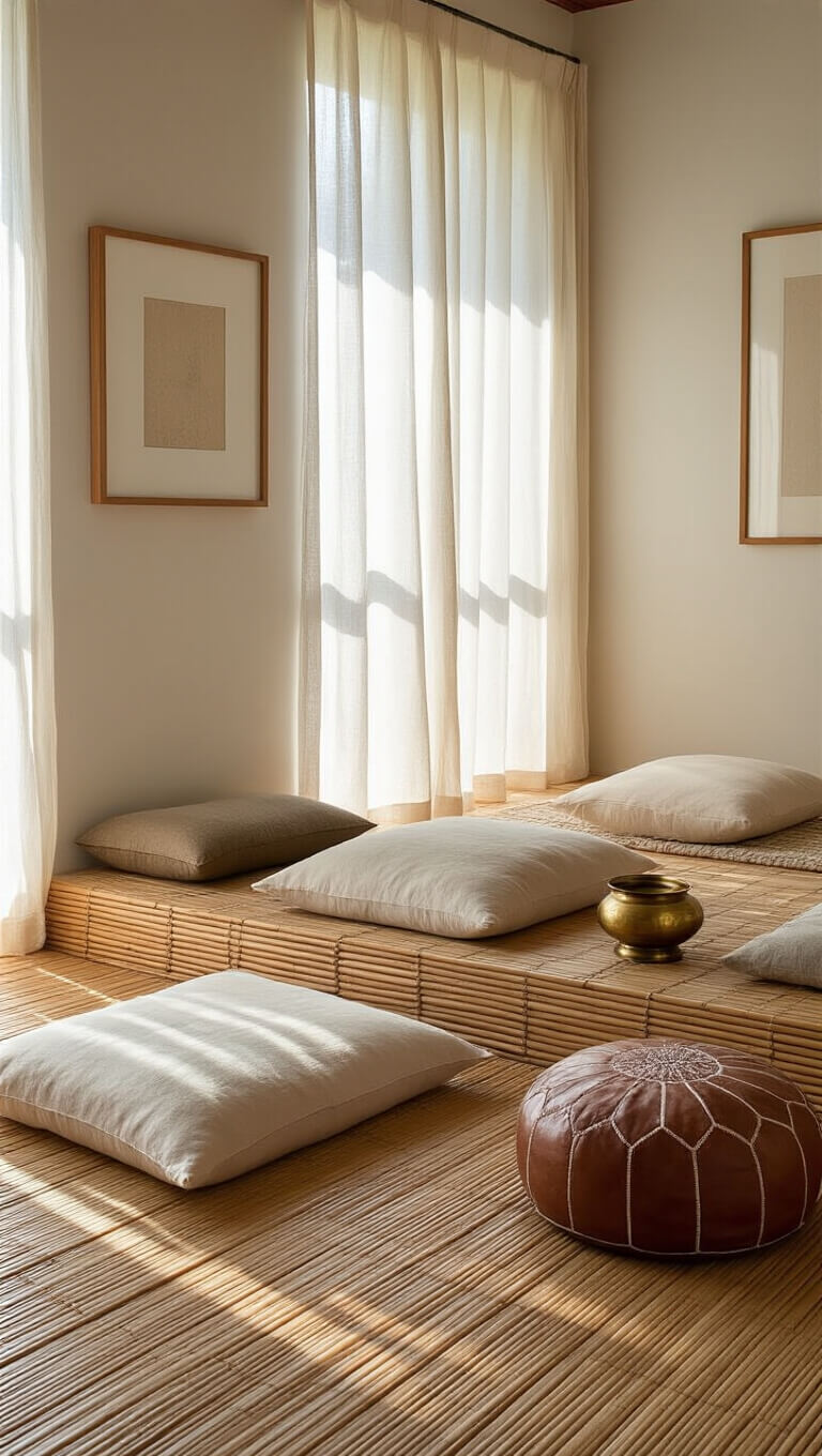 Zen meditation room with bamboo flooring, floor cushions, Moroccan pouf, sheer curtains, and soft dawn light.