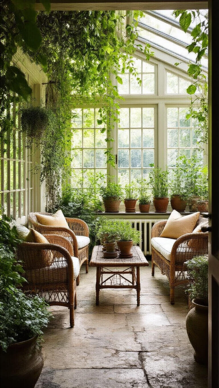 Glass-enclosed garden conservatory with rattan and iron furniture, climbing vines casting dappled light, vintage plant stands, and inset herb stone floor.