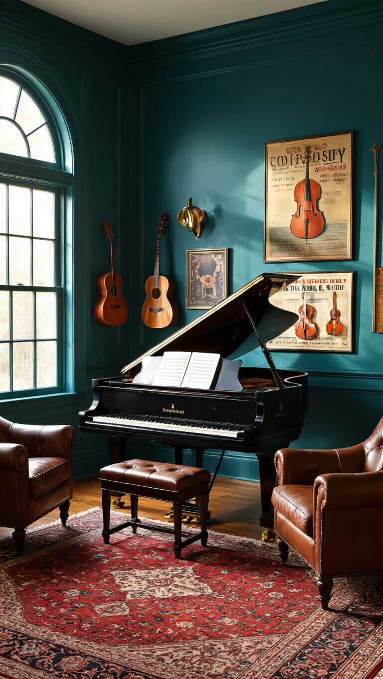 View from piano in richly lit music room with deep teal walls, vintage rug, leather chairs, brass stands, and concert posters.