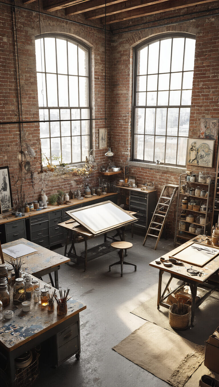 Elevated view of creative studio loft with vintage drafting tables, industrial storage, glass jars of art supplies, and large warehouse windows providing bright north light.