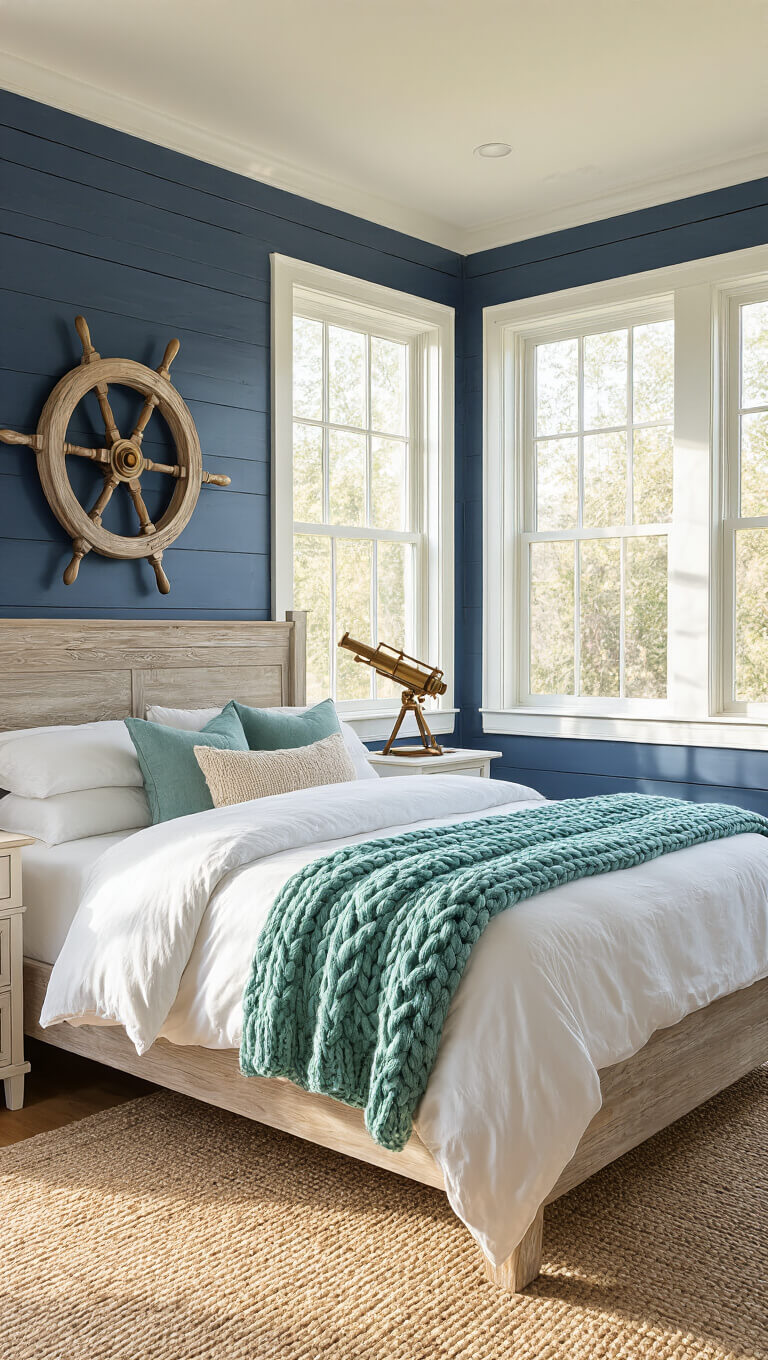 Cozy 14x16ft bedroom with navy shiplap accent wall, driftwood queen bed, seafoam knit throw, and golden hour light through bay windows.