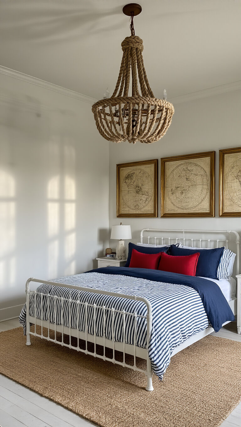 Intimate guest bedroom at dawn with rope chandelier, white iron bed in navy striped bedding, nautical map gallery wall, and jute rug on whitewashed floor.