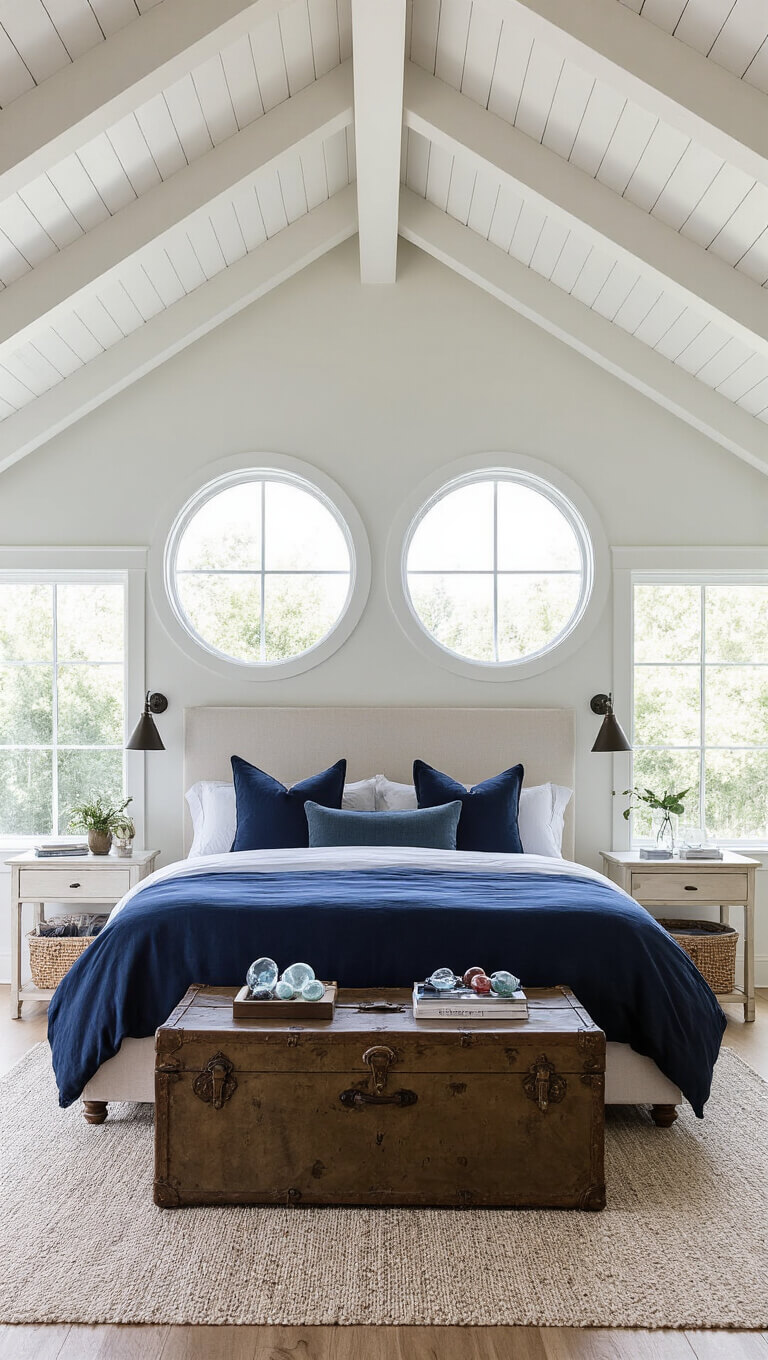 Sunlit master suite with vaulted ceiling, navy king bed between porthole windows, weathered trunk coffee table, and glass floats catching light.