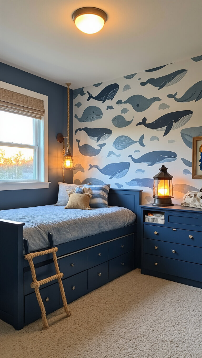 Children's room with navy captain's bed and whale-print wallpaper, rope ladder to reading nook, and vintage lighthouse lamp at sunset, seen from child's eye level.