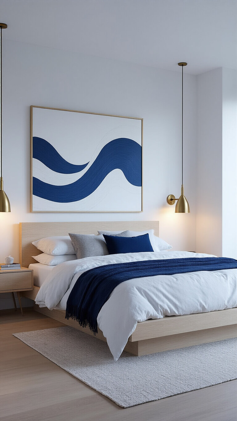 Minimalist modern bedroom with bleached oak platform bed, white bedding, navy accents, abstract indigo wave art, and brass sconces at blue hour.