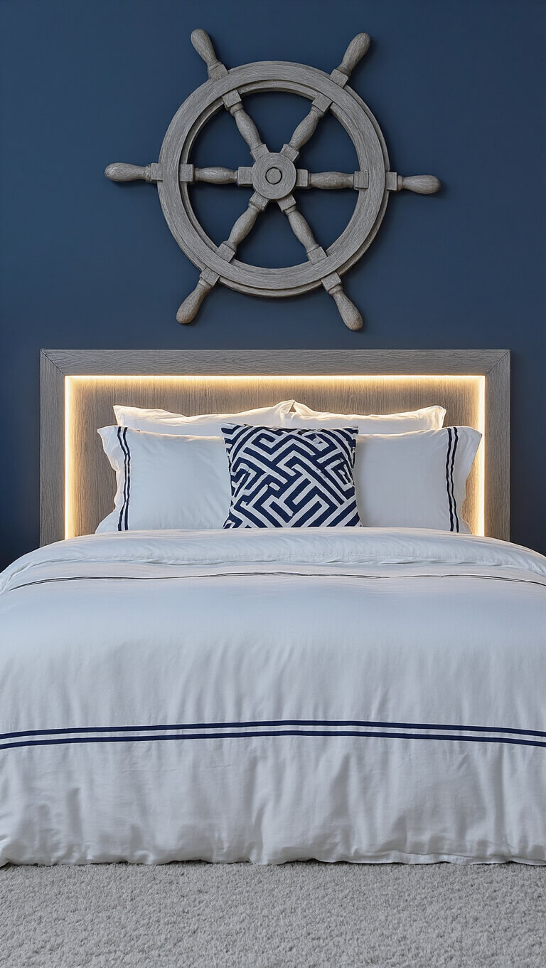 Contemporary 15x15ft bedroom at dusk with LED-backlit weathered grey wood headboard, white bedding with navy geometric patterns, nautical-inspired abstract decor, and moody ambient lighting.
