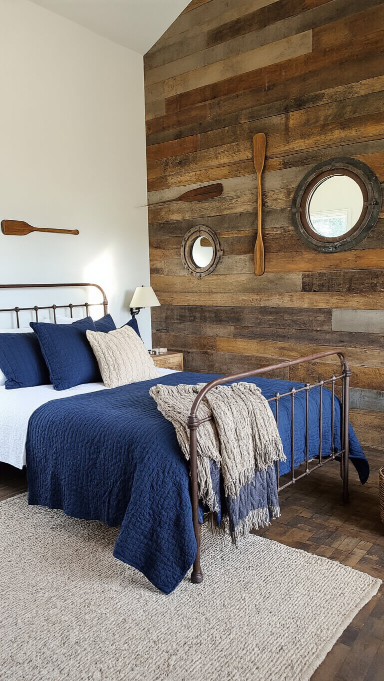 Rustic 12x14ft bedroom with reclaimed boat wood wall, iron bed frame, navy quilts, cable knit throws, salvaged porthole mirrors, and weathered oars, lit by afternoon side light.