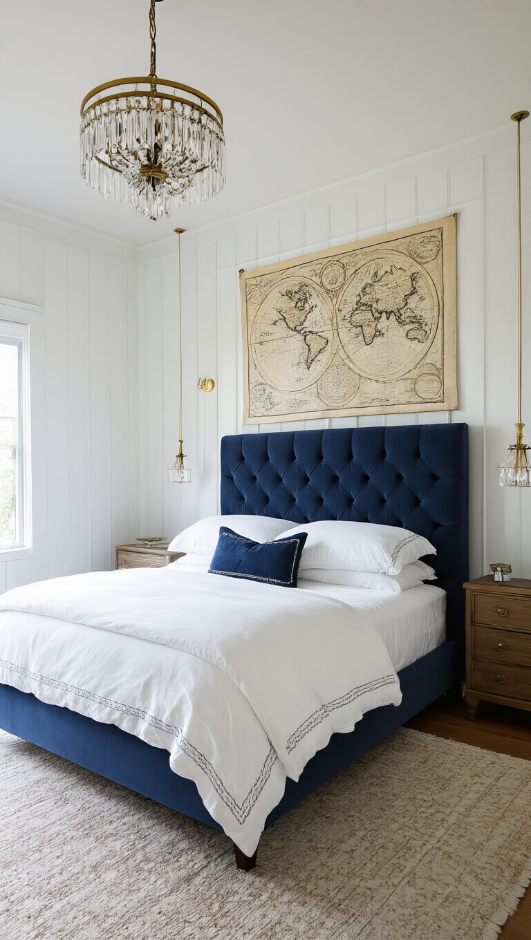 Elegant 16x16ft master bedroom with navy tufted headboard, white paneled walls, luxury embroidered linens, vintage maritime map, and crystal-brass lighting.