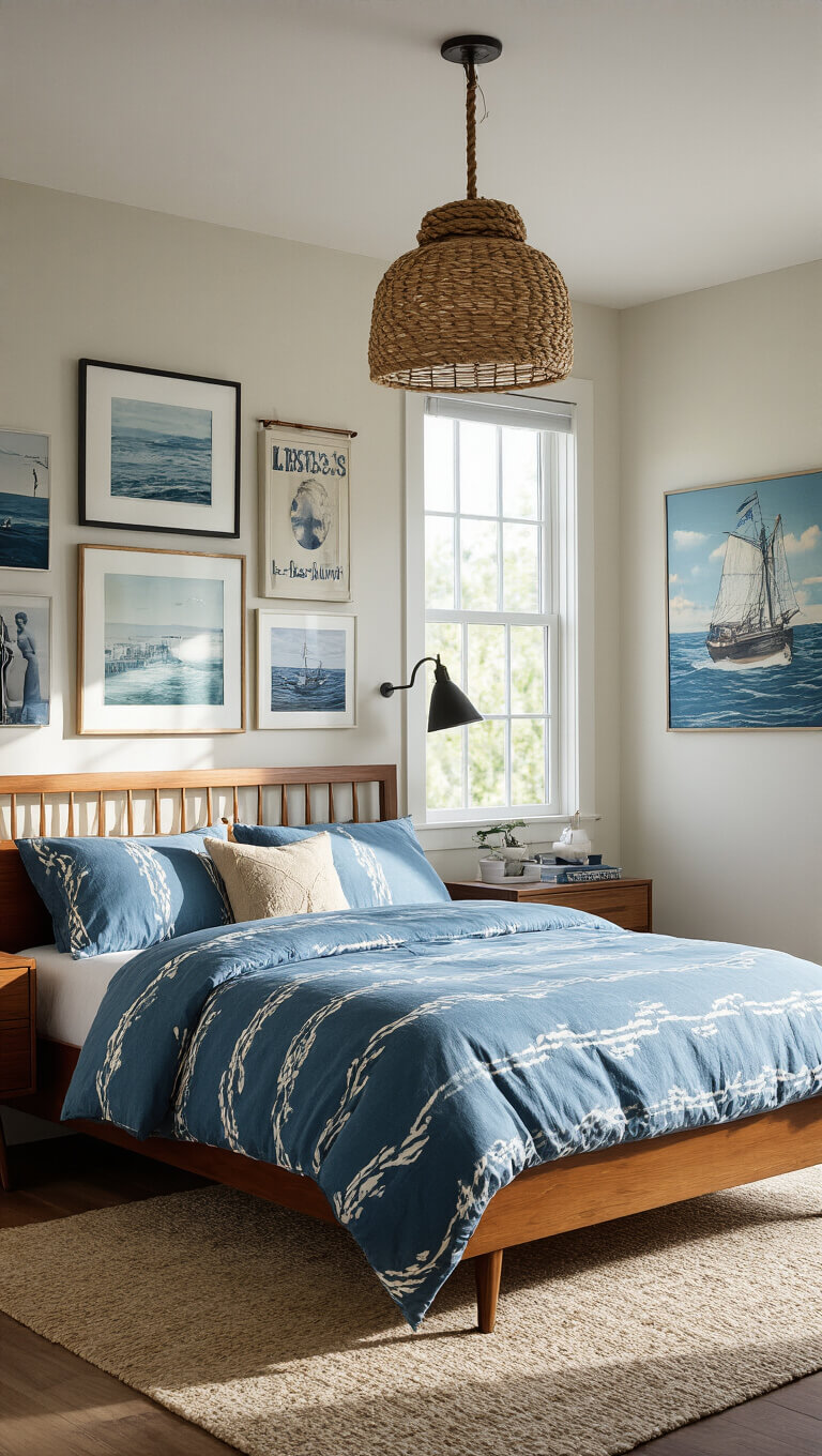Eclectic 14x14ft bedroom with mid-century bed, ocean-themed bedding, nautical decor, gallery wall, and rope pendant light in morning sunlight.