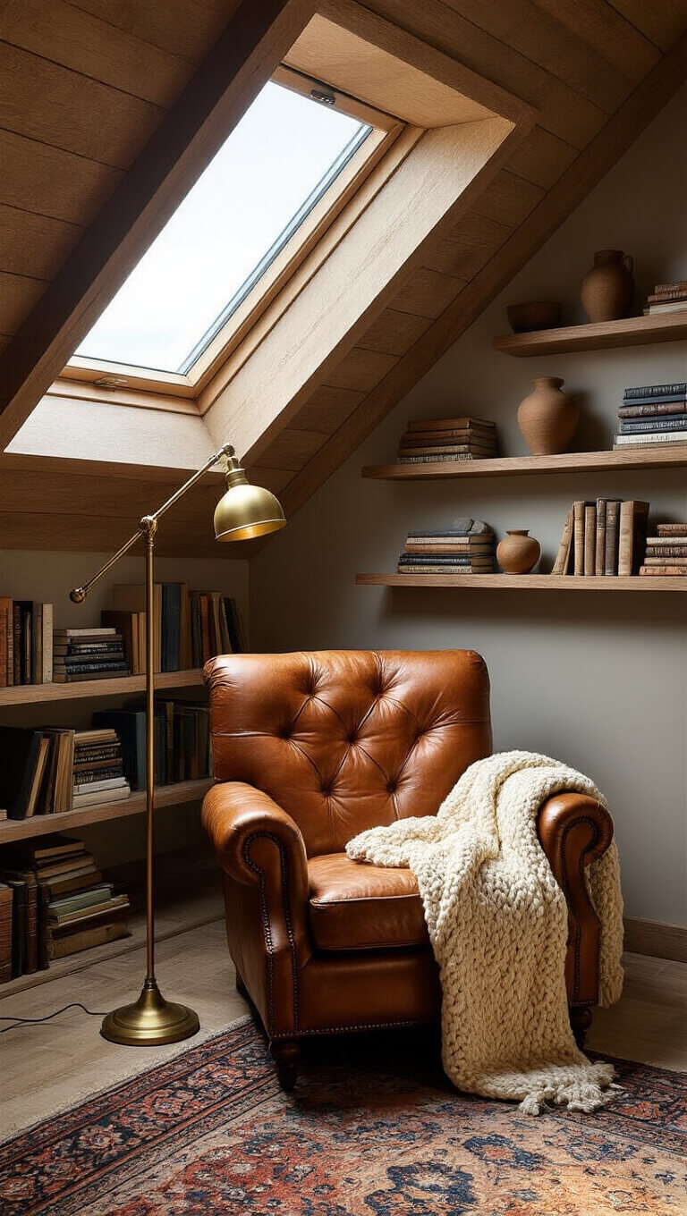 Cozy attic reading nook with skylight, worn leather armchair, brass lamp, floating bookshelves, knit throw, and vintage rug in golden hour light.