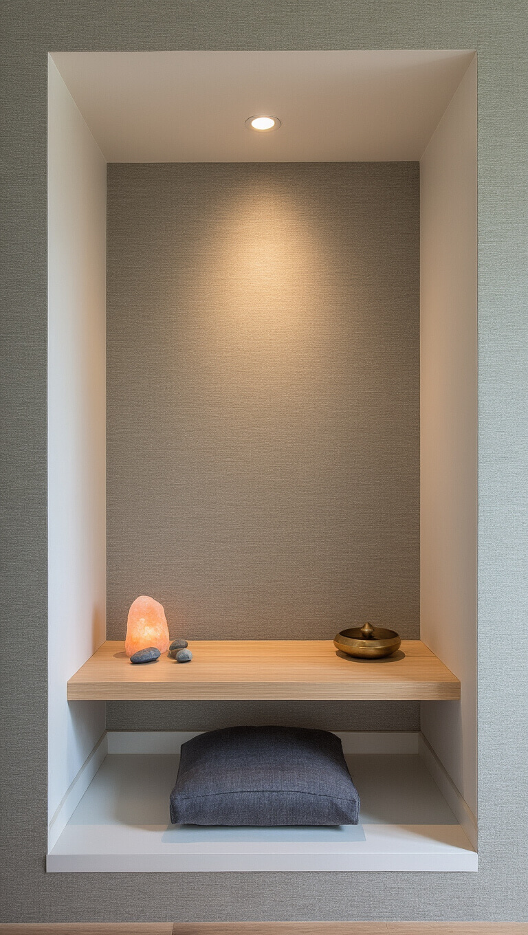 Modern meditation nook in hallway alcove with bamboo cushion, wall-mounted oak bench, floating shelf with incense and stones, grasscloth wallpaper, and salt lamp in soft lighting.