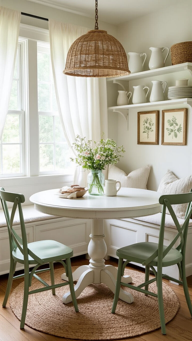 Whimsical cottage-core breakfast nook with round white pedestal table, sage green vintage chairs, ironstone pitchers on open shelves, botanical prints, rattan pendant light, and fresh flowers in mason jar.