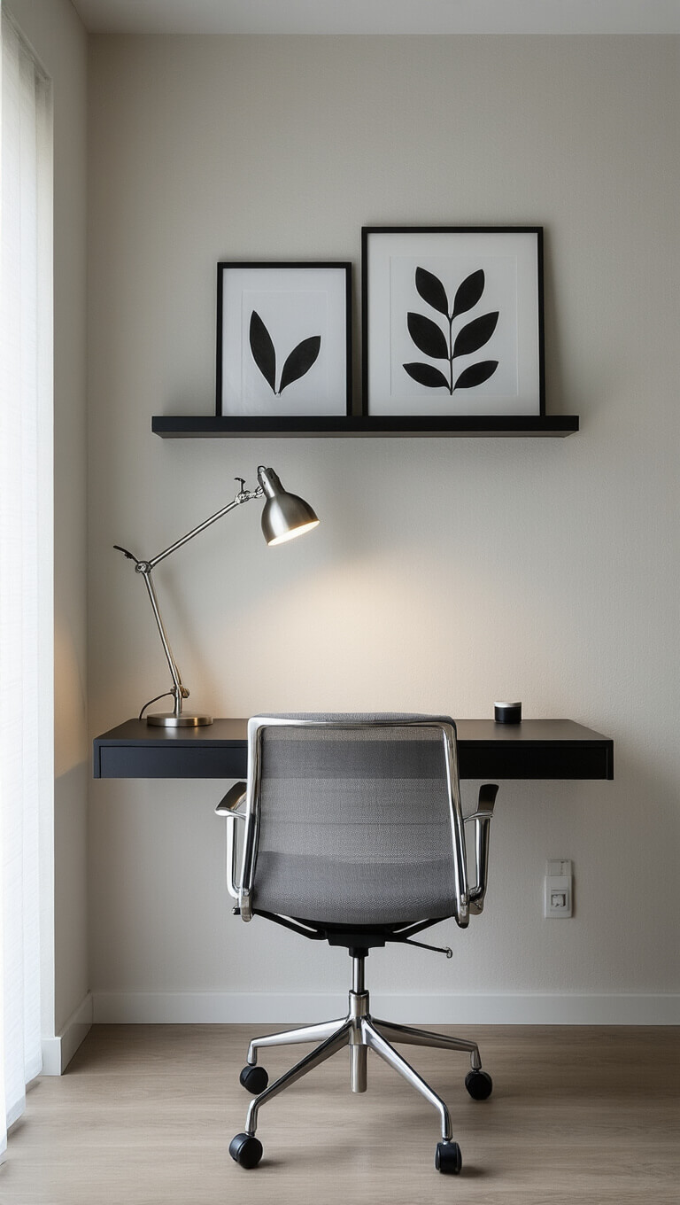 Minimalist work nook with wall-mounted matte black desk, light gray mesh Eames-style chair, floating shelf with black and white art, and brushed steel LED lamp against textured white walls.