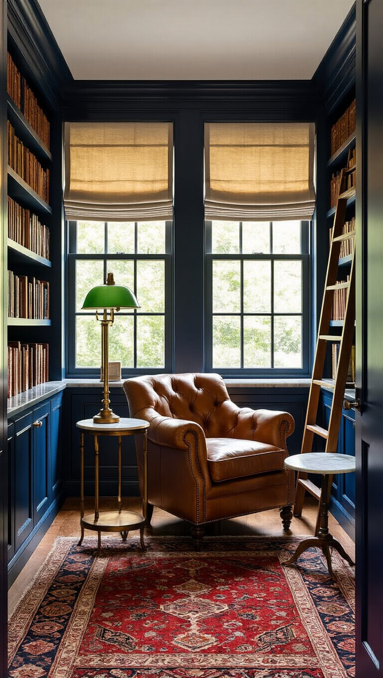 Sophisticated library-inspired study nook with navy built-in bookshelves, brass ladder, tufted leather chair, green glass banker’s lamp, and oriental rug in warm afternoon light.