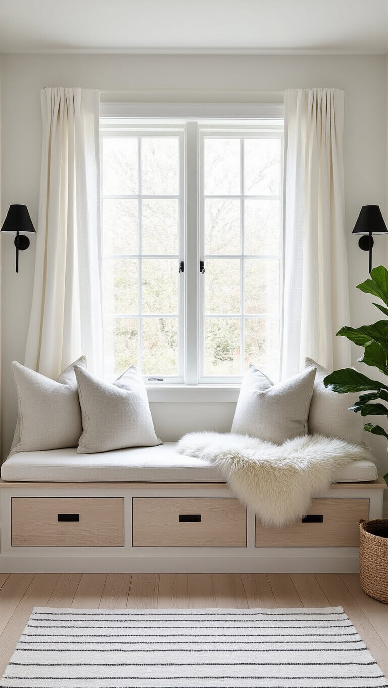 Scandinavian window seat with storage bench, sheepskin throws, and linen cushions in morning light, flanked by black sconces and fiddle leaf fig.