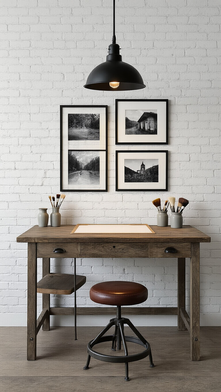 Cozy artist's nook with vintage drafting table, leather industrial stool, black and white photo gallery wall, and white-painted brick wall in soft late morning light.