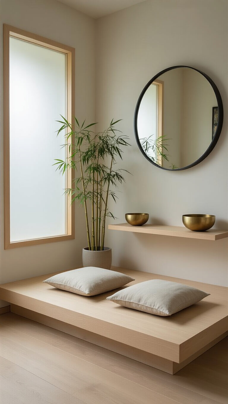 Minimalist meditation corner with pale wood platform, linen cushions, floating shelf with brass singing bowl, circular black-framed mirror, potted bamboo, and soft dawn light through frosted glass.