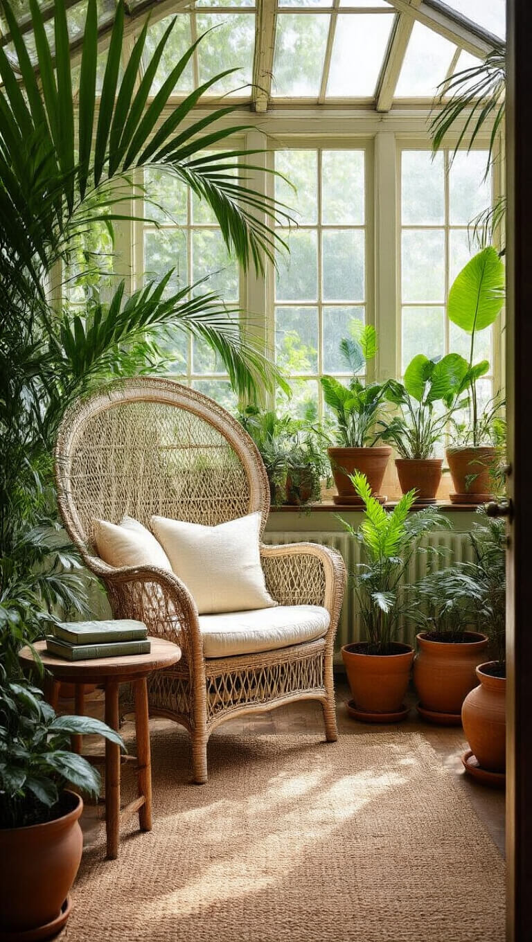 Cozy greenhouse reading nook with wicker peacock chair, cream cushions, surrounded by lush potted palms and ferns, rustic side table with botanical books, terracotta pots, and dappled natural light casting plant shadows.
