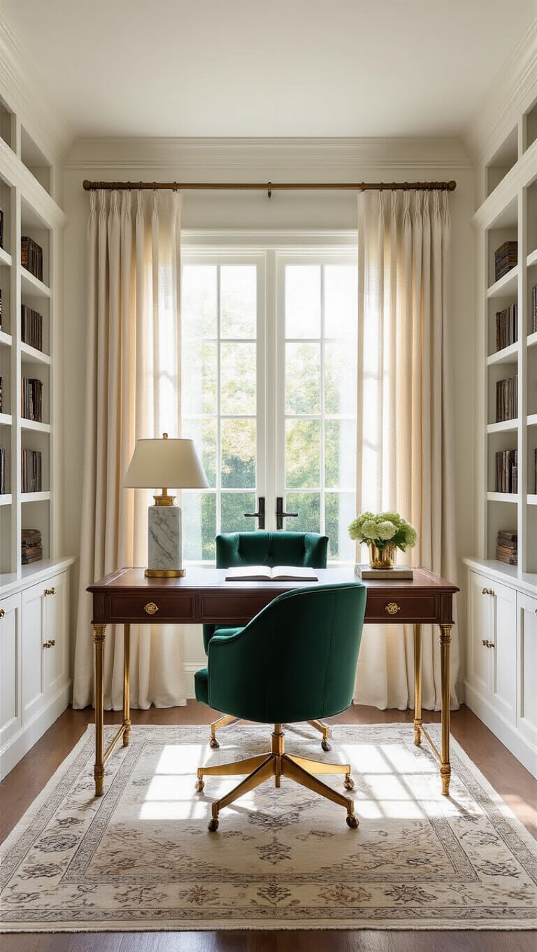 Sunlit home office with walnut desk, emerald velvet chair, white bookshelves, and vintage Persian rug, viewed at an angle with soft natural and ambient lighting.