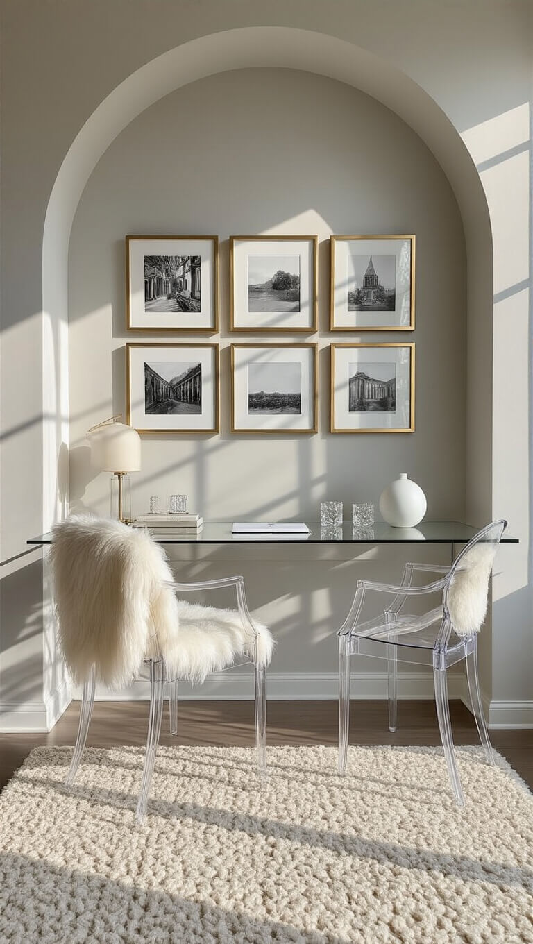 Minimal modern corner home office with acrylic desk, ghost chair, and textured rug under architectural arch, bathed in golden hour light.