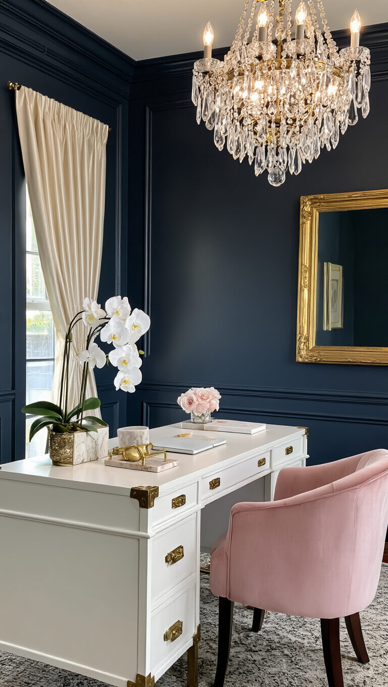 Glamorous luxe home office with navy walls, white lacquer desk, blush velvet chair, crystal chandelier, and gold accents in evening lighting.