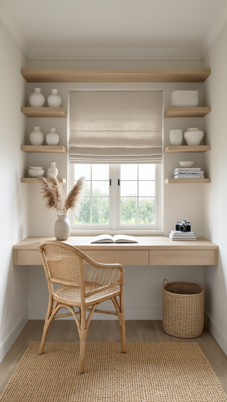 Compact coastal home office alcove with built-in bleached oak desk, rattan chair, floating shelves with ceramics, and natural morning light filtering through linen Roman shade.