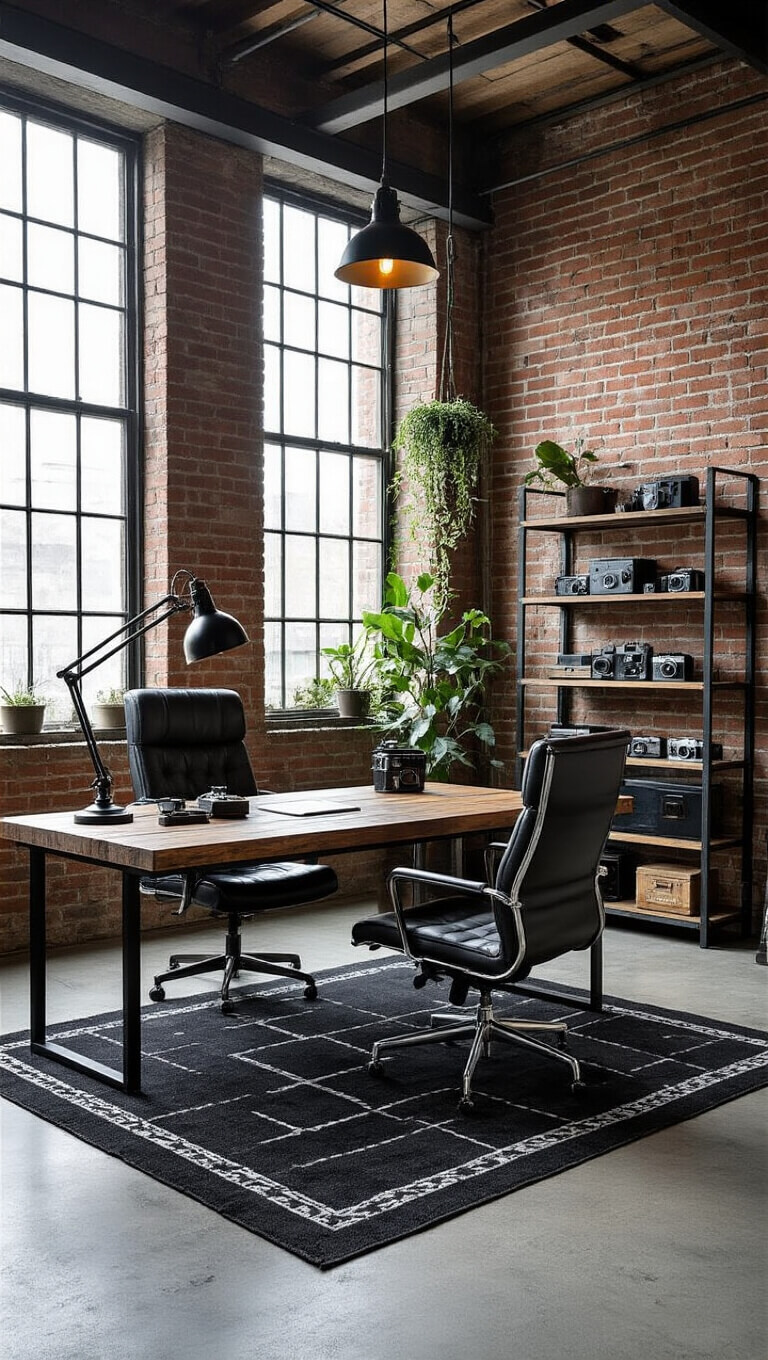 Black and white image of a modern industrial home office with exposed brick wall, large reclaimed wood desk, black leather chair, metal shelving displaying vintage cameras, and geometric charcoal rug on concrete floor.