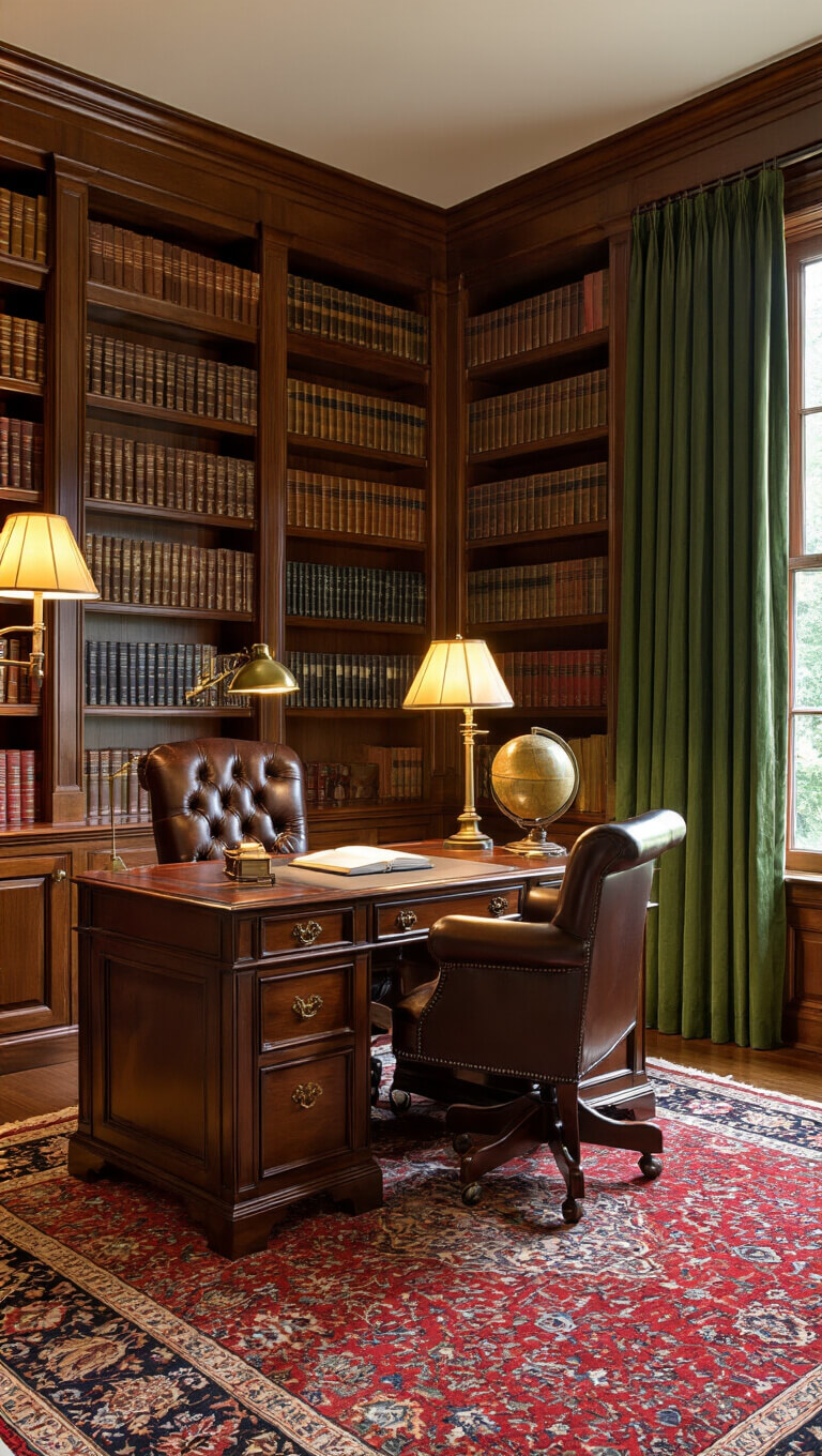 Cozy traditional home office library with mahogany desk, Chesterfield chair, floor-to-ceiling bookcases, oriental rug, warm lighting, and rich decor accents.