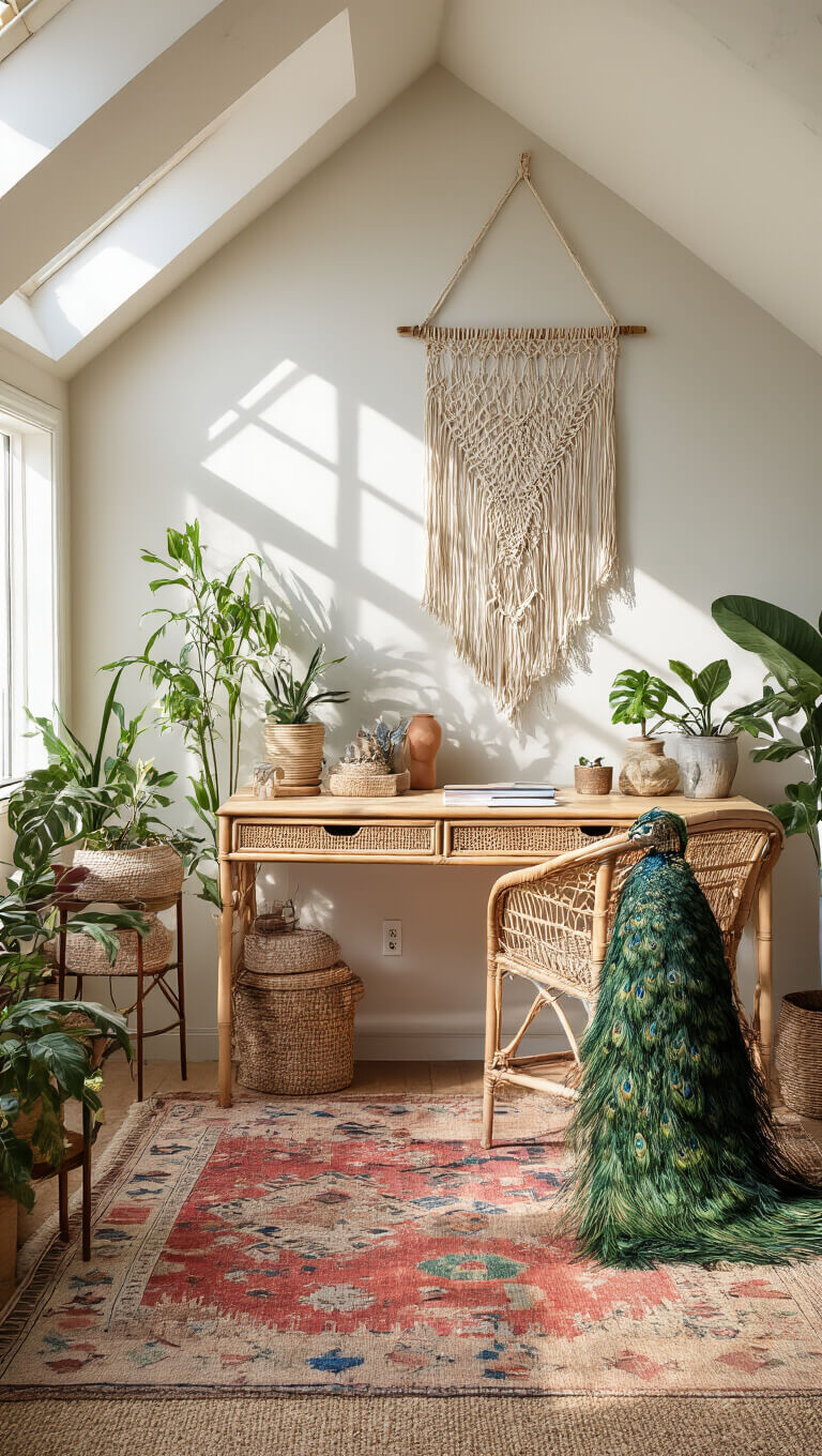 Bohemian-style creative office with sloped ceiling, rattan desk, macramé wall hanging, vintage rugs, peacock chair, and scattered plants in dreamy early morning light.