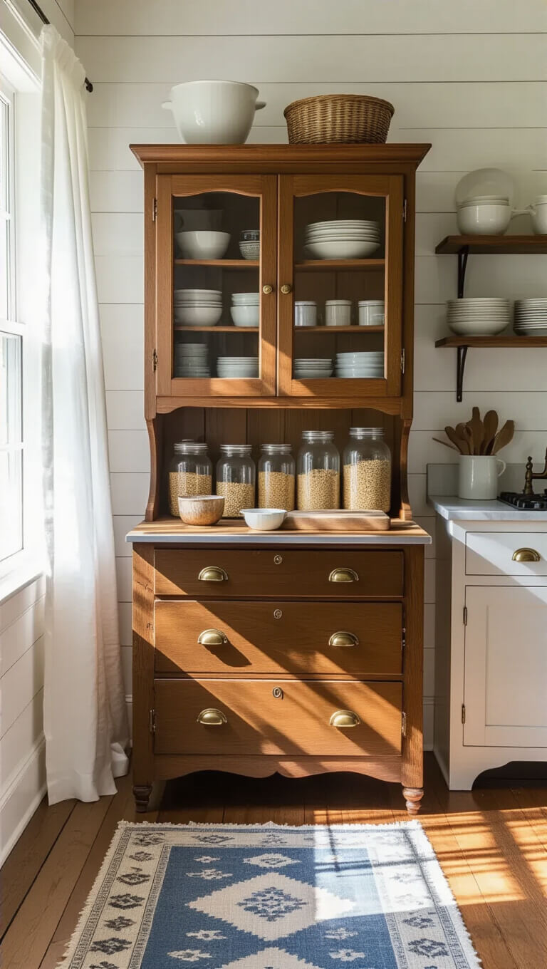 Restored 1920s oak Hoosier cabinet in sunlit farmhouse kitchen with vintage jars, shiplap wall, and soft morning light through linen café curtains.