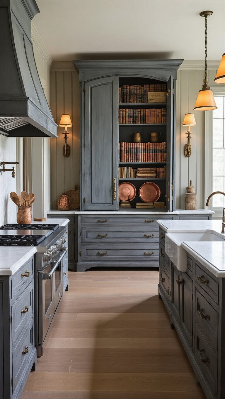 Moody 14x16ft chef's kitchen with French provincial armoire, amber sconce lighting, beadboard walls, marble-topped island, and vintage copper accents.