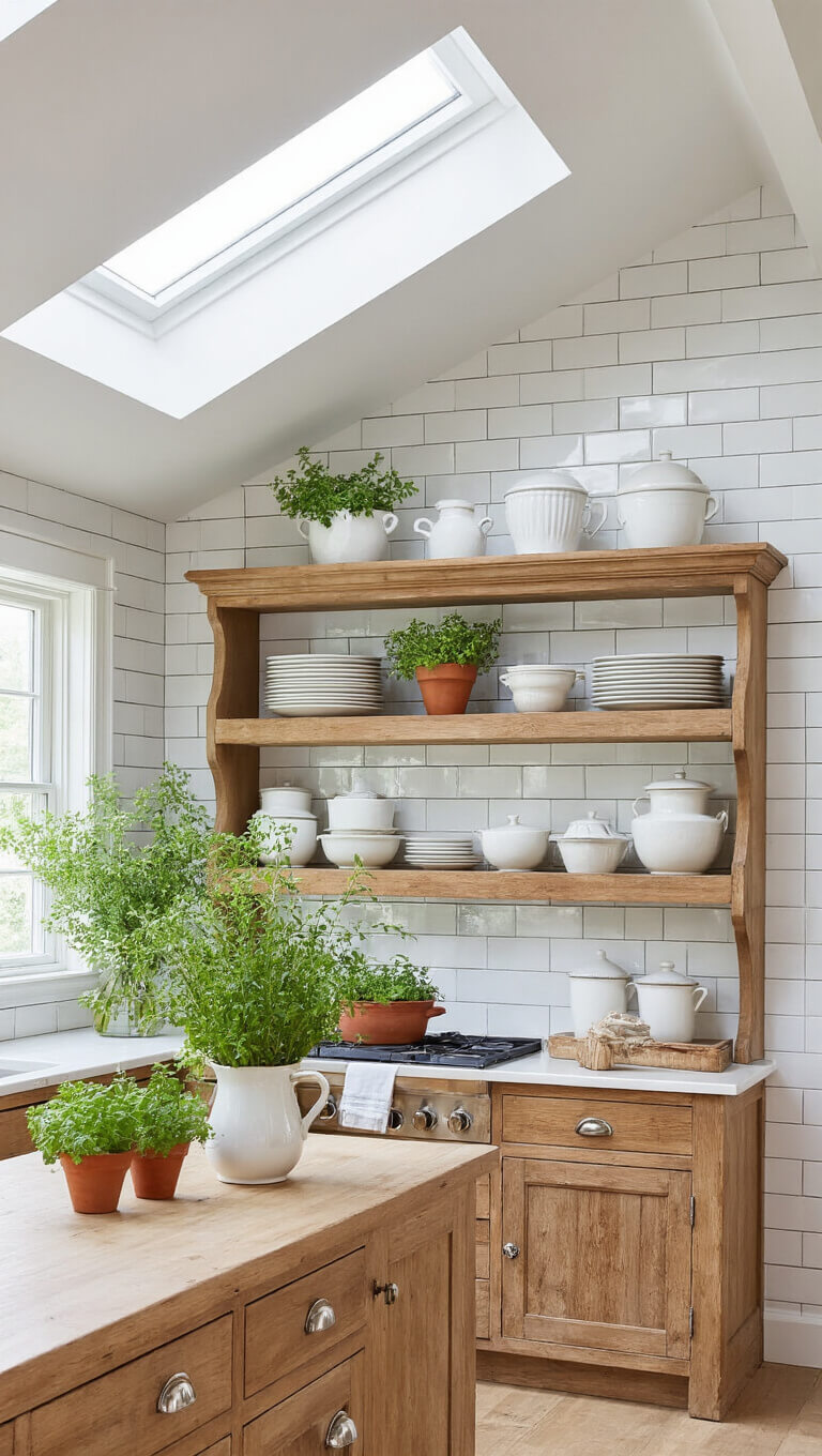 Bright modern farmhouse kitchen with antique pine hutch, white subway tile, open shelves styled with white ironstone and potted herbs, and natural light from skylights.