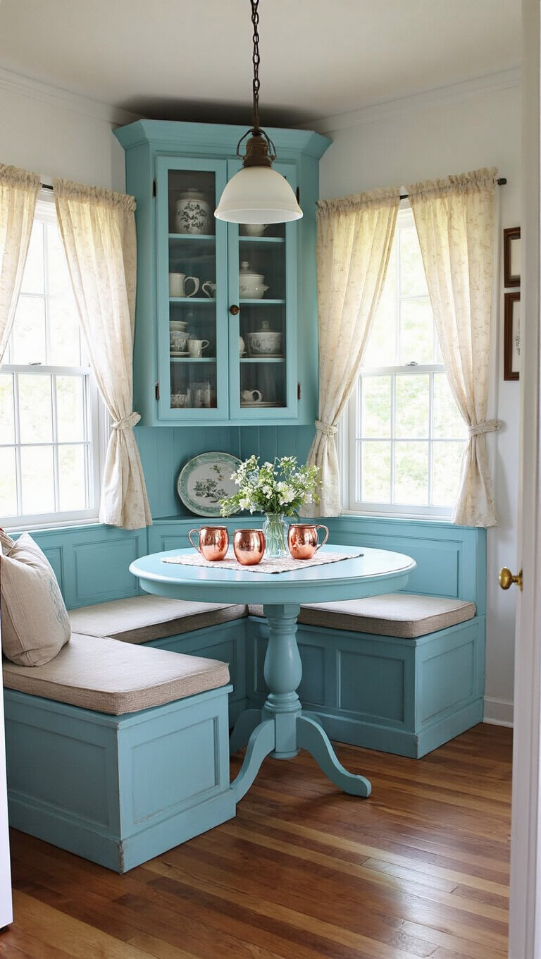 Cozy 10x12ft breakfast nook with robin's egg blue Swedish cabinet, vintage china, soft morning light through gauzy curtains, and shabby chic decor.