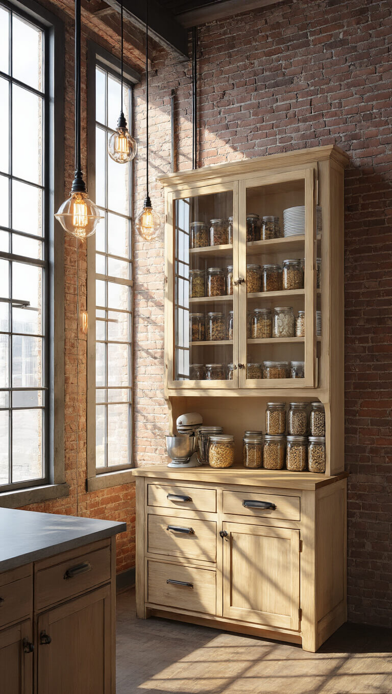 Industrial loft kitchen with restored pine general store cabinet, exposed brick walls, steel windows, and dramatic evening lighting highlighting mason jars on tall shelving.
