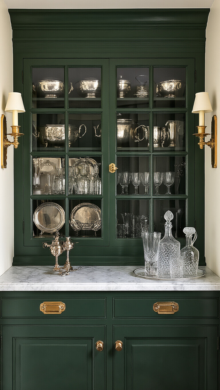 Victorian-style butler's pantry with deep green cabinets, brass sconces, silverware, and crystal on marble countertop, lit dramatically.