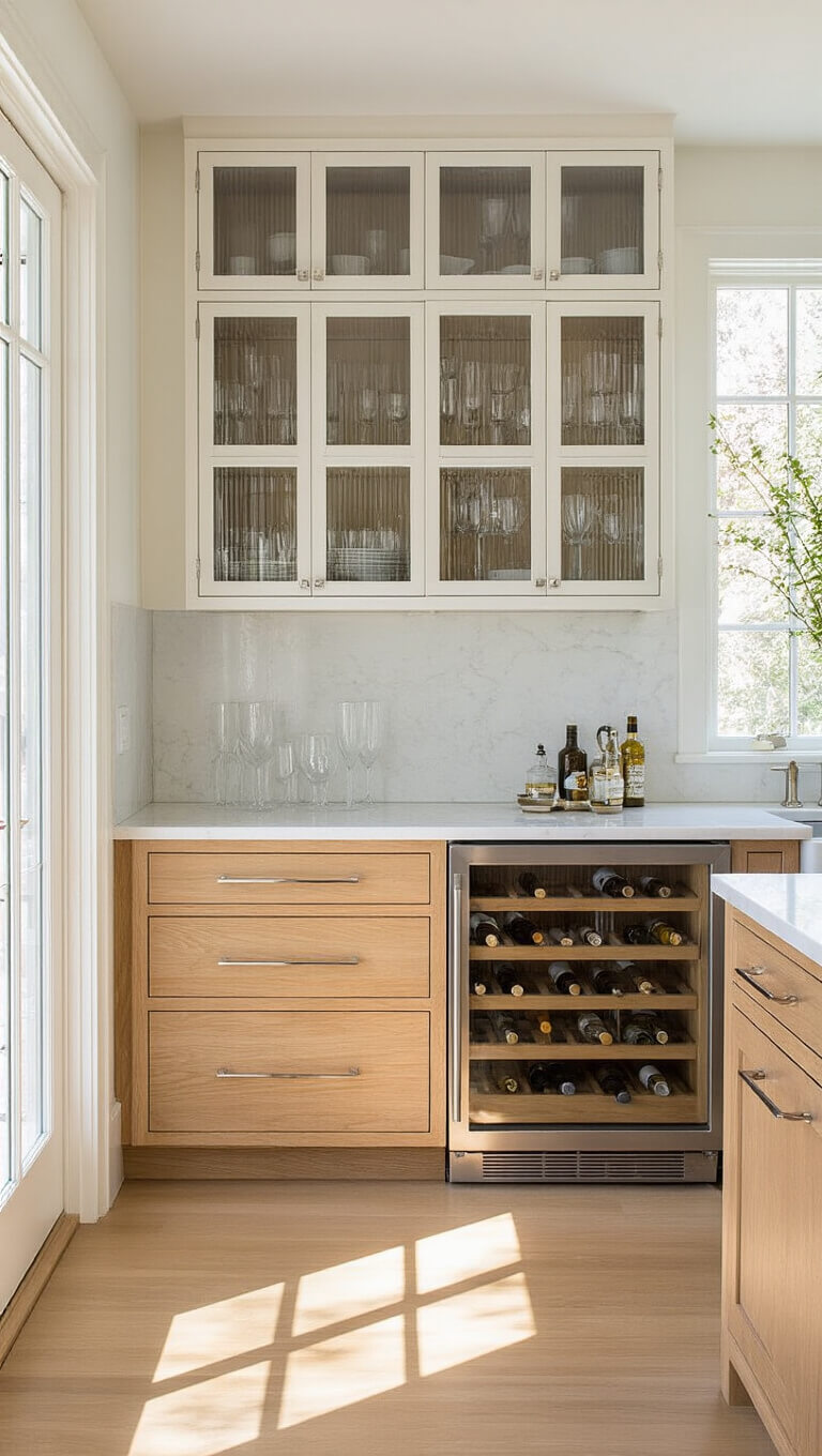 Repurposed 1930s medical cabinet as bar in sunlit contemporary kitchen with white oak floors, glass doors, and polished nickel hardware.