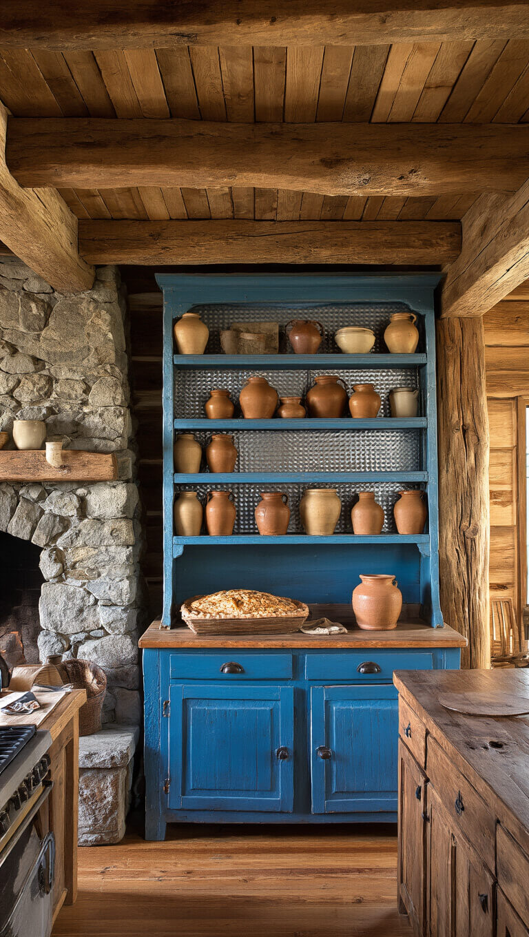 Rustic mountain cabin kitchen with blue pie safe, punched tin panels lit by afternoon light, earthenware crocks on shelves, stone fireplace, and exposed beams.