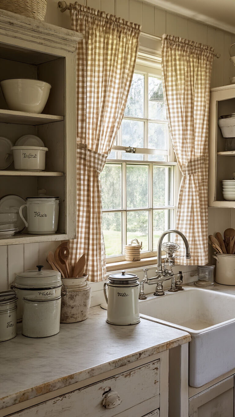 Restored Sellers cabinet with flour sifter in cozy country kitchen, gingham curtains, enamelware on open shelves, worn marble countertop, soft morning light.