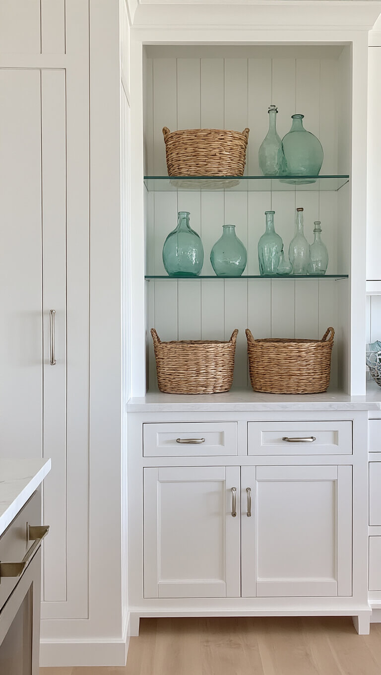 Whitewashed pine armoire in a modern coastal kitchen with shiplap walls, sea glass on glass shelves, and woven baskets in bright, airy lighting.