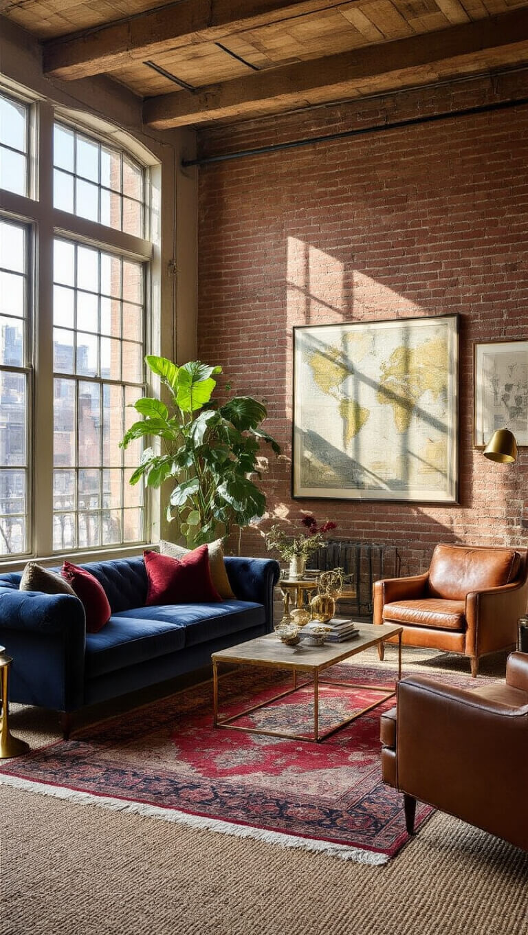 Sunlit living room with navy velvet sofa, leather armchair, brass coffee table, and gallery wall; Persian rug over sisal carpet, floor-to-ceiling windows, and potted monstera in corner.
