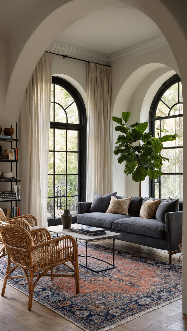 Contemporary living room with mid-century modern sofa, rattan chairs, arched doorways, crown molding, sheer curtains, and golden hour lighting highlighting a fiddle leaf fig and industrial bookshelf.
