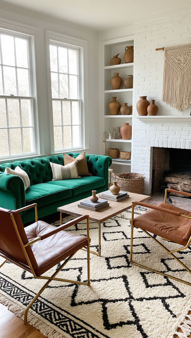 High-angle view of cozy 12x15ft living room with emerald green tufted sofa, white brick fireplace, bay window, brass-framed leather chairs, layered Moroccan rugs, and morning light casting dramatic shadows.