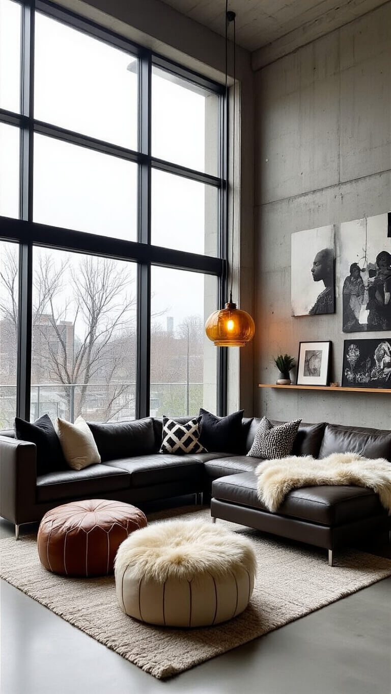 Modern 18x20ft living room with floor-to-ceiling windows, concrete accent wall, leather sectional, Moroccan poufs, black and white photography on floating shelves, sculptural lamp, and layered textiles in soft natural light.