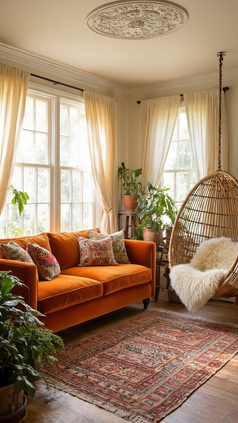 Bohemian 16x18ft living room with burnt orange velvet sofa, Indian pillows, layered kilim rugs, rattan hanging chair, and golden afternoon light filtering through gauzy curtains.
