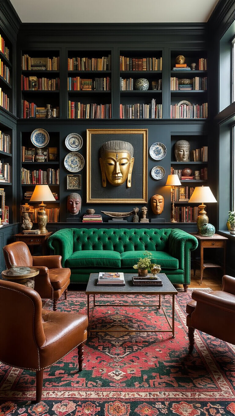 Eclectic living room with emerald chesterfield sofa, mid-century chairs, floor-to-ceiling bookshelves, and moody lighting.