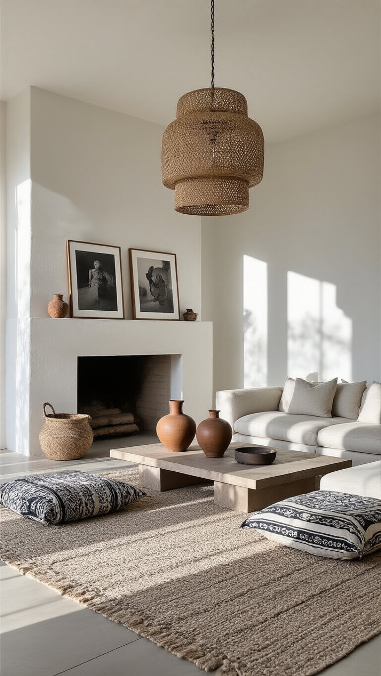 Minimalist 15x17ft living room with low linen sectional, Moroccan floor cushions, black and white photos above a statement fireplace, and sculptural ceramics on the coffee table in early morning light.