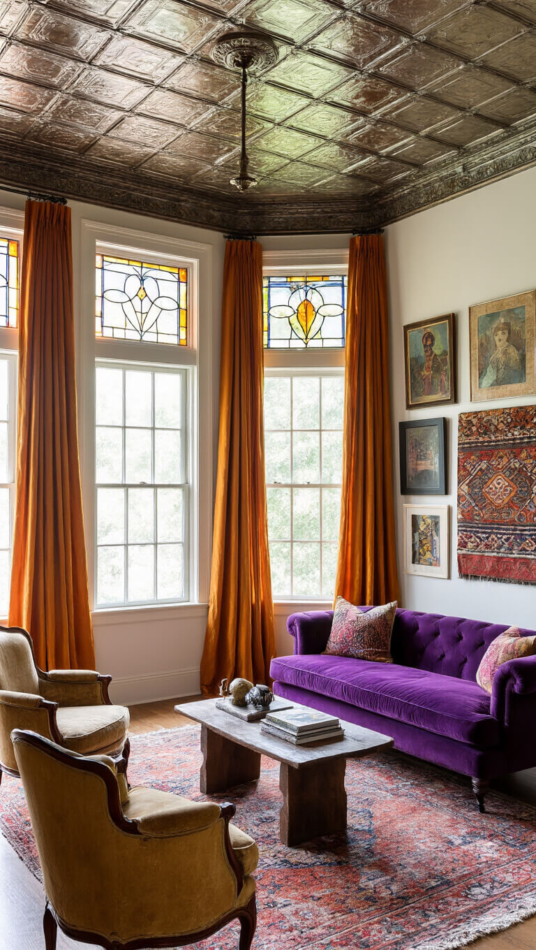 Artist's eclectic 16x20ft living room with tin ceiling, stained glass windows casting colored light, purple velvet settee, vintage chairs, gallery wall art, global textiles, and burnt orange silk curtains.