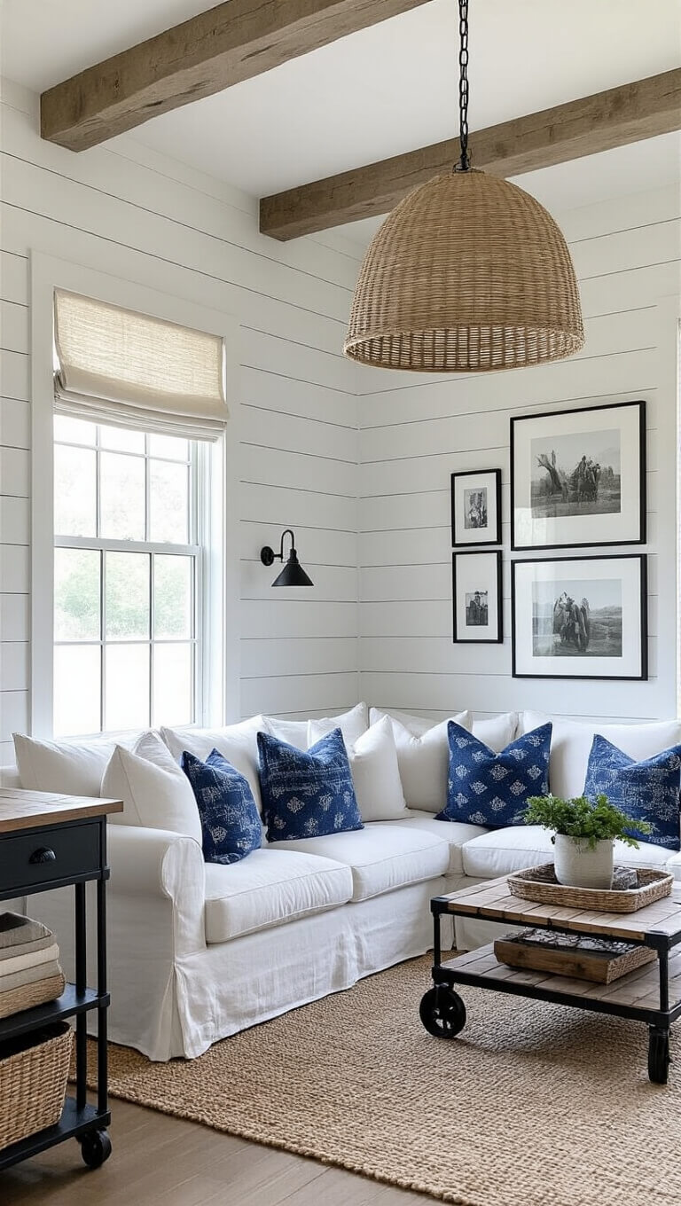 Modern farmhouse living room with shiplap accent wall, white slipcovered sofa with indigo pillows, vintage industrial cart coffee table, black and white family photos, and oversized woven pendant light in soft morning light.